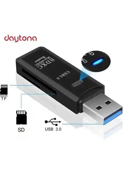 Daytona NO143 USB 3.0 SD ve Micro SD Kart Adaptörü Hızlı Veri Transferi İçin Uygun