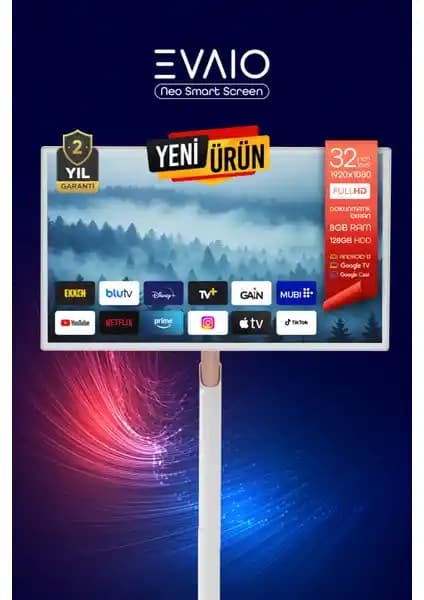 EVAİO Neo 32 İnç Full HD Akıllı LED Ekran Taşınabilirlik ve Çok Yönlü Bağlantı Özellikleriyle