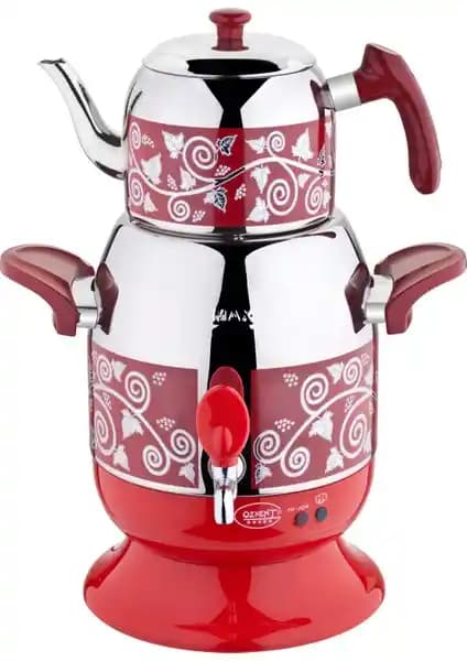 Özkent Menekşe Desenli Kırmızı Semaver: Estetik ve Fonksiyonellik Bir Arada