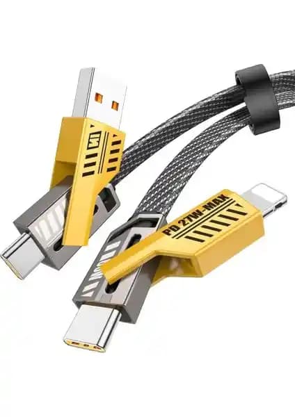 Teknofone 4in1 PD 65 Watt Type-C/27 Watt iPhone Kablo: Çok Fonksiyonlu Dayanıklı Hızlı Şarj ve Veri Aktarımı