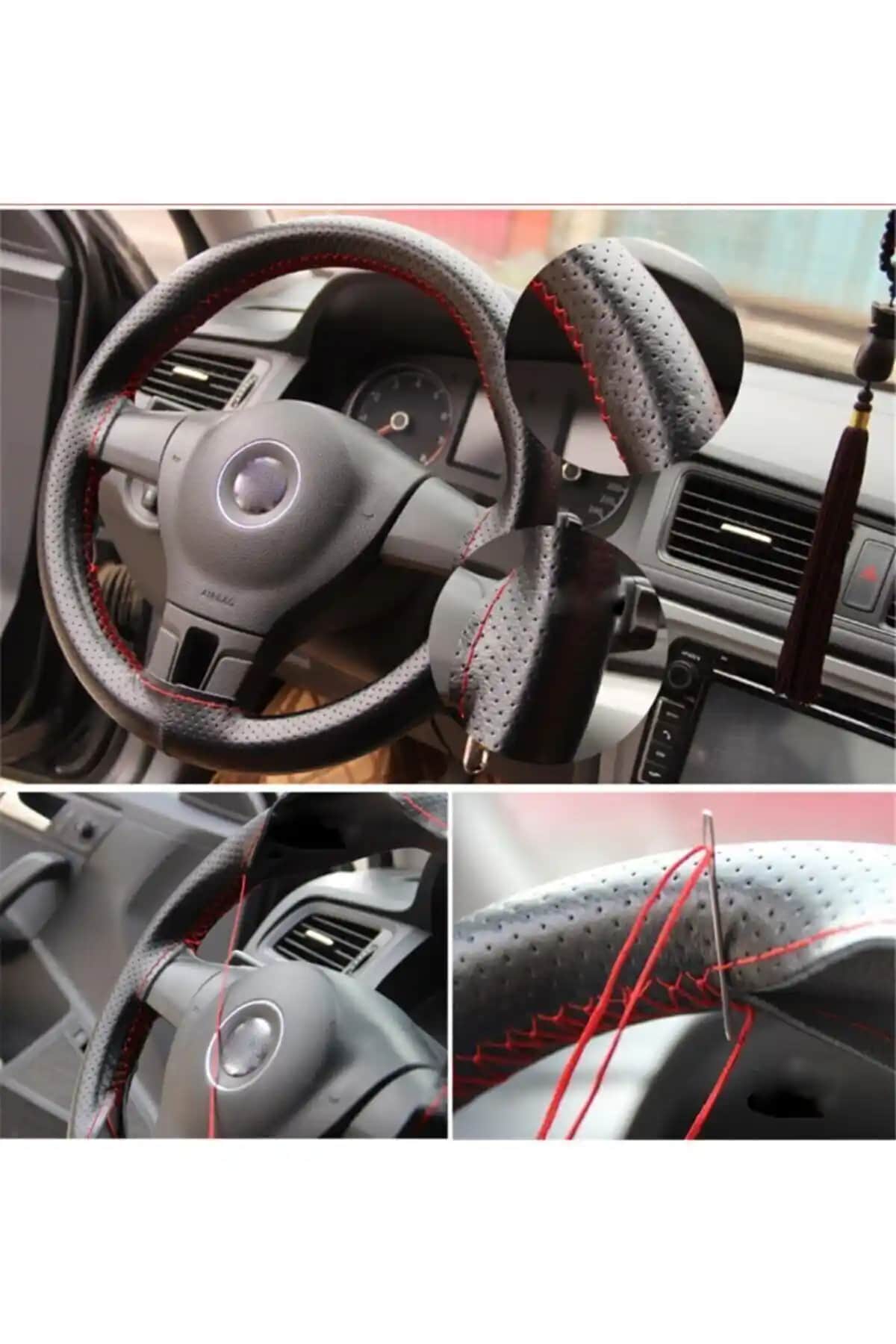 MeyZone Kırmızı Deri Dikişli Noktalı Direksiyon Kılıfı: Estetik ve Dayanıklı Araç Aksesuarı