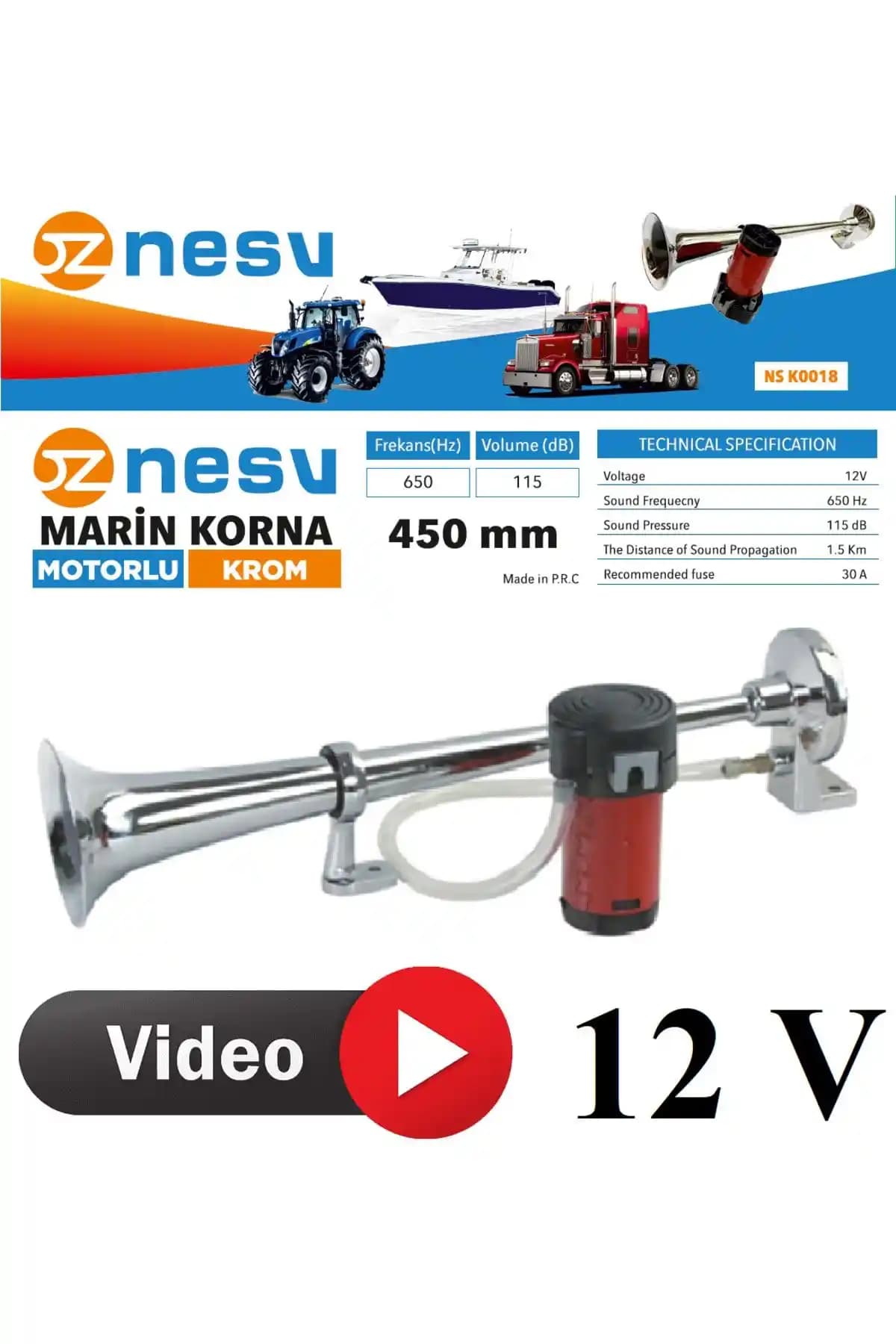 NESU Marin 12V Kendinden Havalı Korna Tekne Traktör Taksi Güçlü Ses ve Dayanıklılık