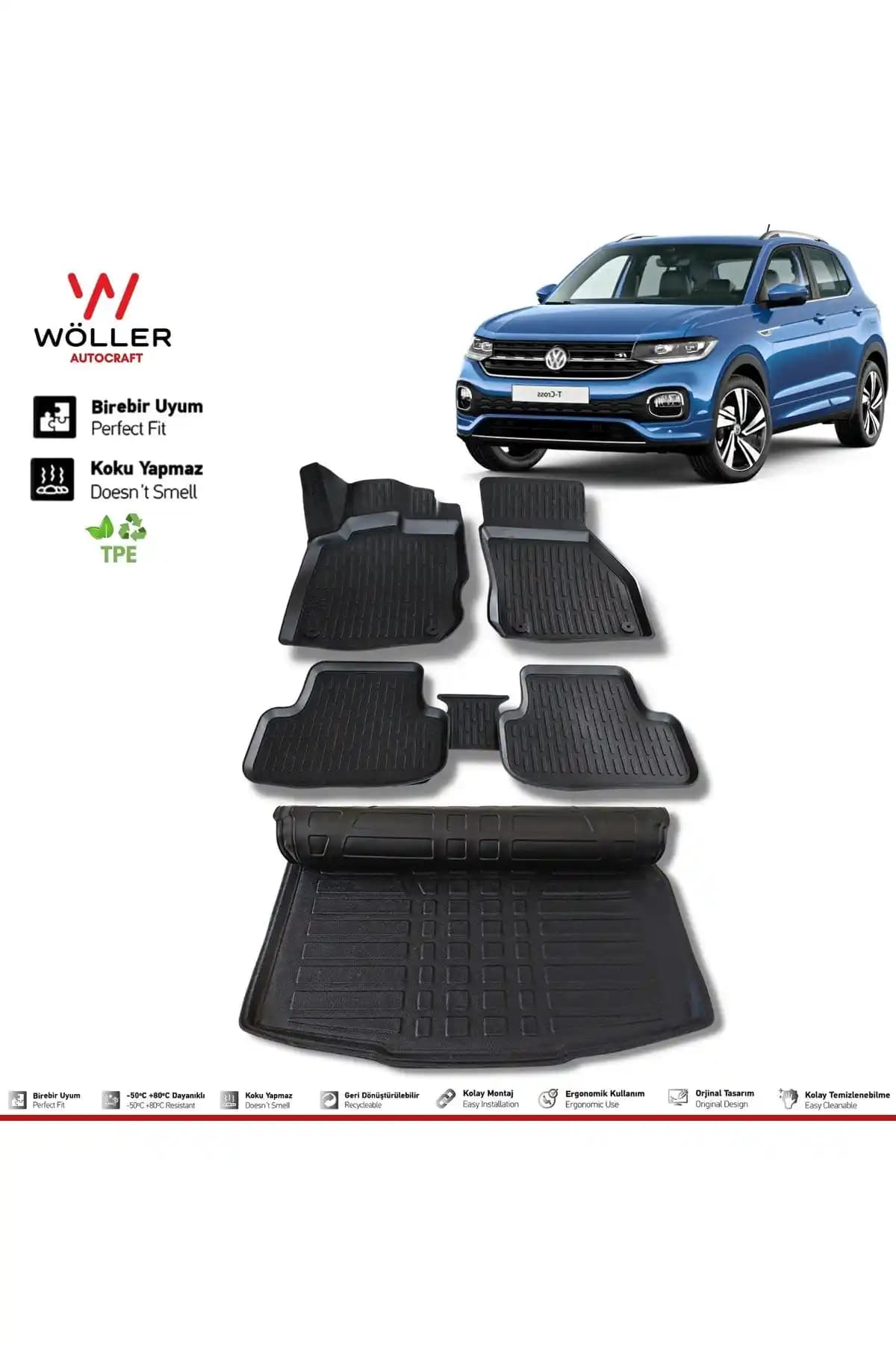 Wöller VW T-Cross Uyumlu 3D Ultraflex Paspas ve Bagaj Koruma Seti