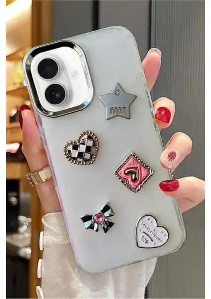 Apple iPhone 16 Uyumlu 3D Taş Kurdele Kelebek Kalp İşleme Sert Kapak