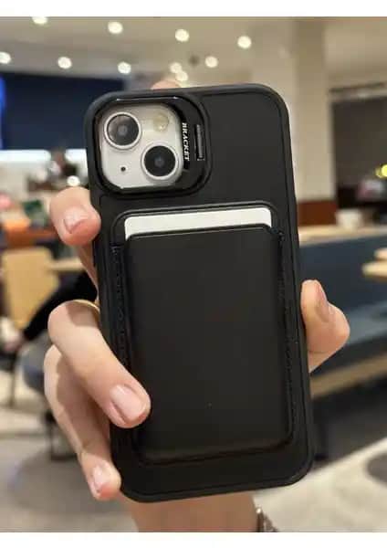 Paladyum iPhone 13 Uyumlu Siyah Deri Kılıf Kamera Standlı ve Kartlıklı