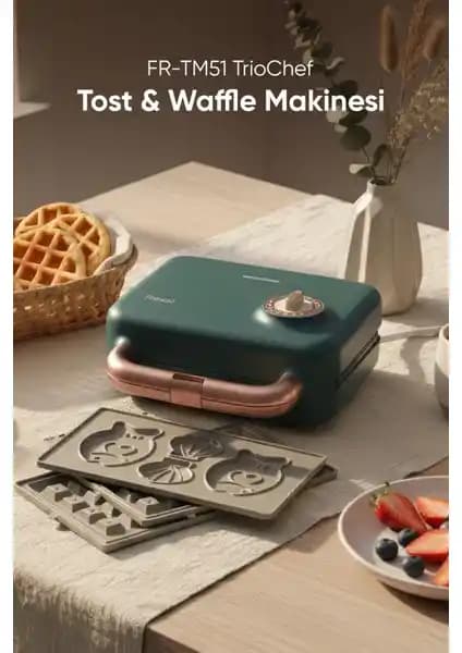 Fressi FR-TM51 Triochef: Çıkarılabilir Yapışmaz Granit Kaplamalı Waffle ve Tost Makinesi