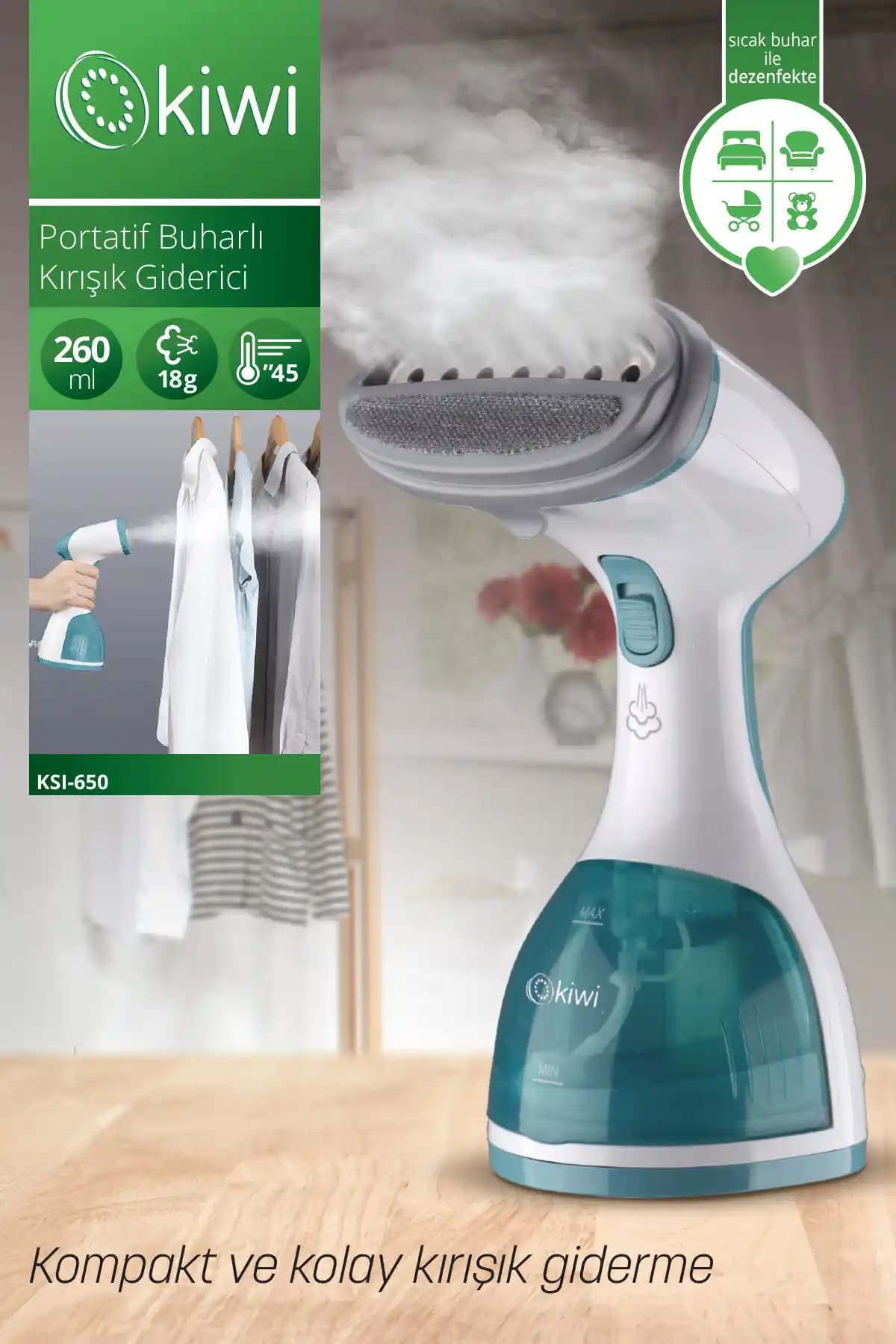 Kiwi Ksı 650 Portatif Dikey Buharlı Ütü: 1200–1400 W, Damlama Önleme, Türkiye Yapımı
