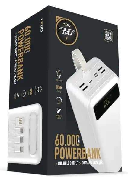 Powerway 60.000 mAh Kablolu Dijital Göstergeli Güç Bankası: Yüksek Kapasiteli Taşınabilir Enerji Kaynağı