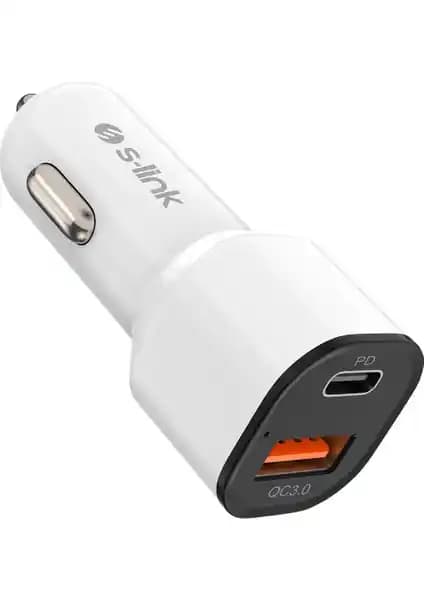 S-Link SL-EC38PD Type-C Araç Şarj Cihazı 38W PD ve USB QC3.0 ile Hızlı Şarj