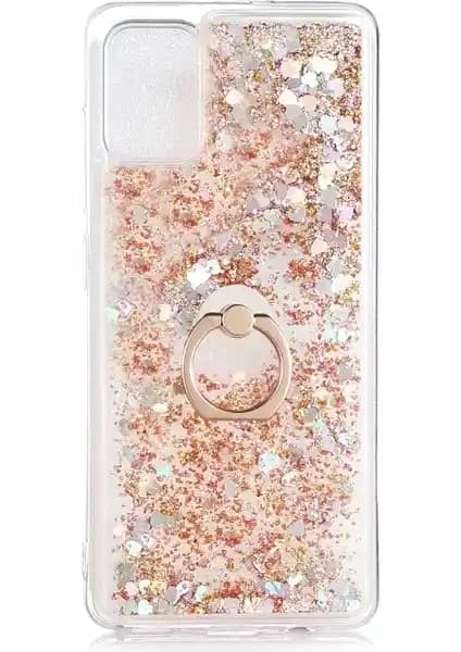 Samsung Galaxy A51 için Estetik ve Koruyucu Sıvılı Kalplı Yüzüklü Manyetik Kapak Kılıfı