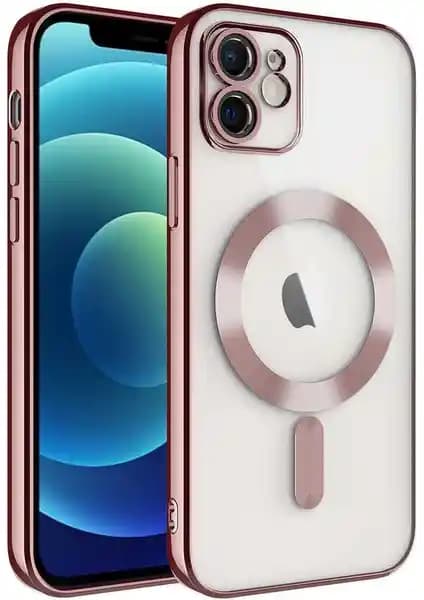 Apple iPhone 11 için şeffaf Rose Gold Silikon Kılıf MagSafe özellikli ve lens korumalı