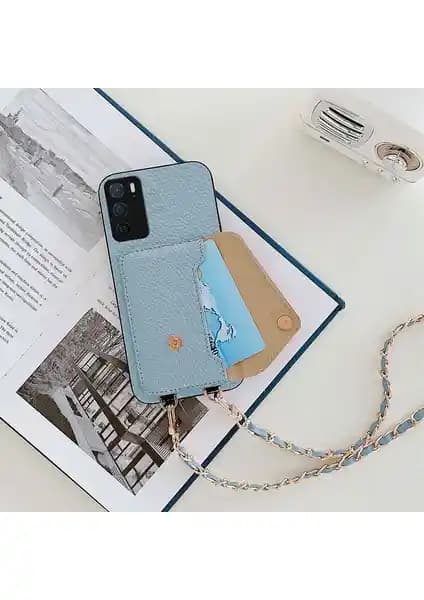 Oppo A16 için Zebana askılı deri kılıf açık mavi dayanıklı ve şık tasarım
