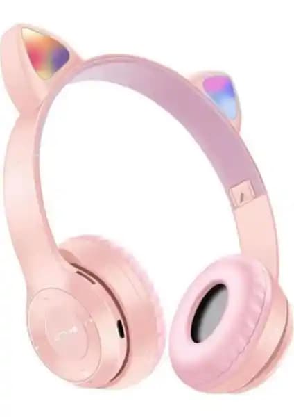 Gül İletişim P47M Bluetooth 5.0 LED Işıklı Kedi Tasarımlı Katlanabilir Kulaklık Pembe