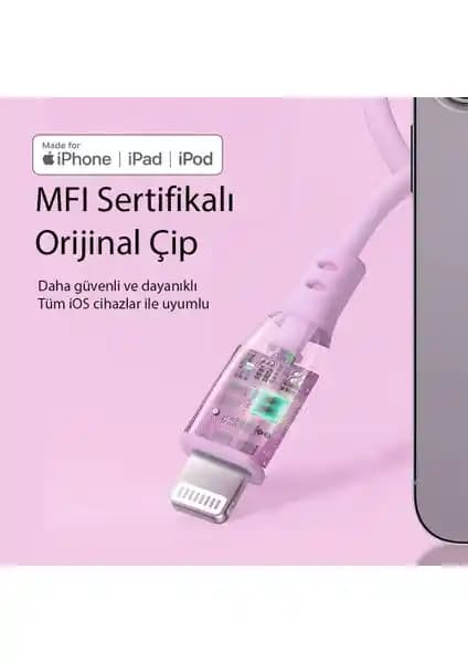 Omars USB-C to MFI Lightning iPhone Silikon PD Hızlı Şarj Kablosu Pembe Özellikleri