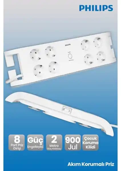Philips SPN3080B 8 Çıkışlı Akım Korumalı Priz ile Elektronik Cihaz Koruması