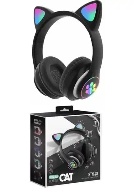 Sore Kedi Kulaklı Bluetooth Kablosuz RGB Işıklı Çocuk Oyuncu Kulaklığı 75-90 Karakter