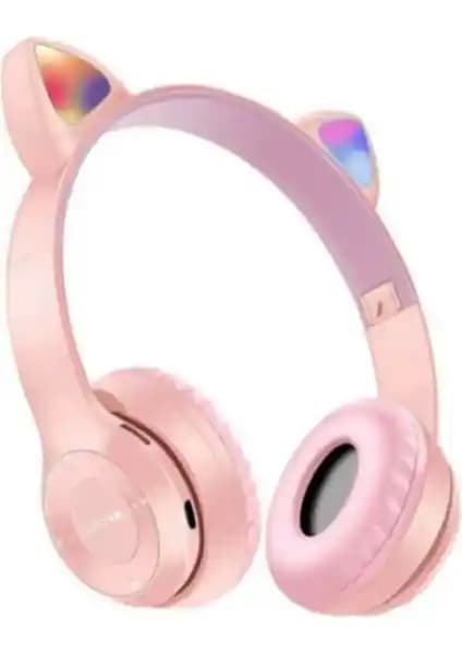 P47 MerciTech Kız Çocuklar İçin Kedi Kulaklı Işıklı Mikrofonlu Kablosuz Bluetooth Kulaklık