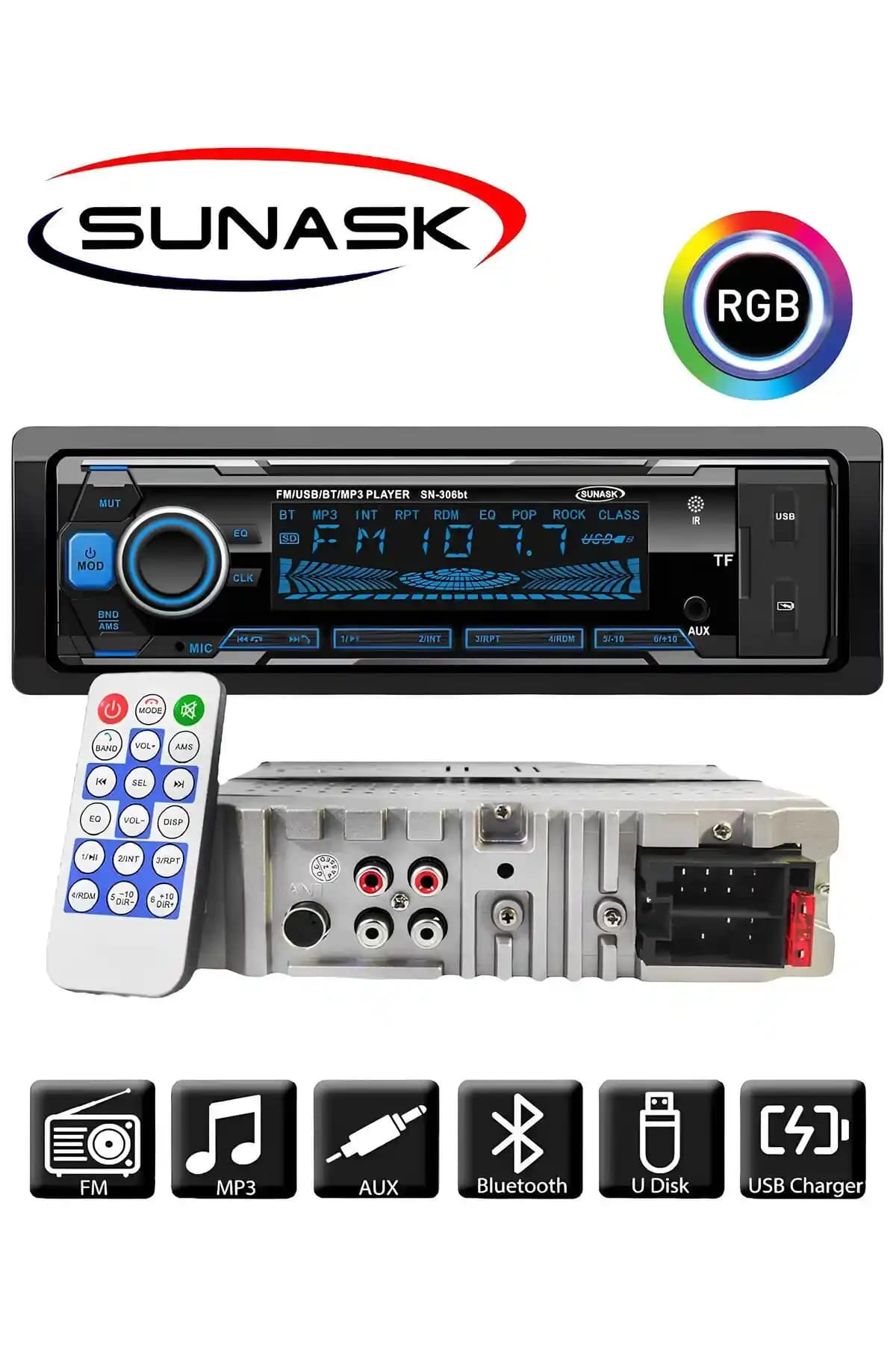 Sunask SN-306BT Çift USB Girişli Bluetooth Oto Teyp: Güçlü Ses ve Çoklu Medya Desteği