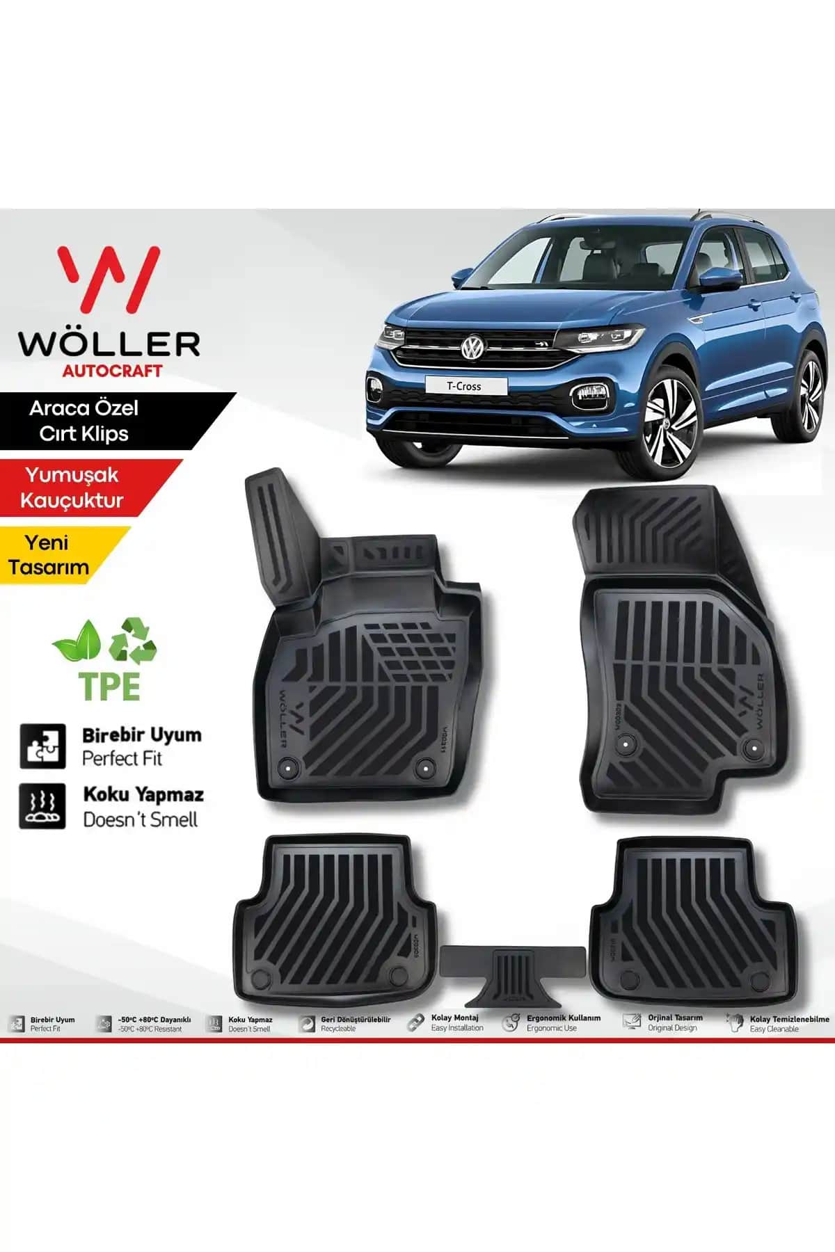 Wöller VW T-Cross 2022 Sonrası Uyumlu 3D Havuzlu Paspas ile Araç İçini Koruyun