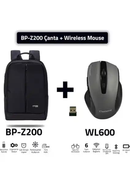 Classone BP-Z200-WL600: Şık ve Dayanıklı 15.6 inç Su Geçirmez Laptop Sırt Çantası ve Kablosuz Mouse Seti