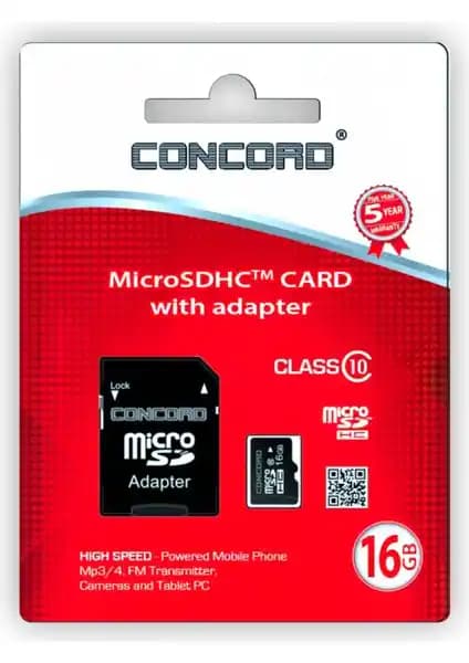 Concord Micro SD Hafıza Kartı 16 GB yüksek performans ve enerji tasarrufu sağlayan çok yönlü depolama çözümü