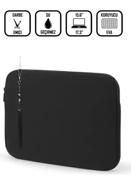 D'Vèrs Siyah Su Geçirmez Kumaş Fermuar Detaylı Unisex Notebook Kılıfı 17-17,3 İnç Uyumlu