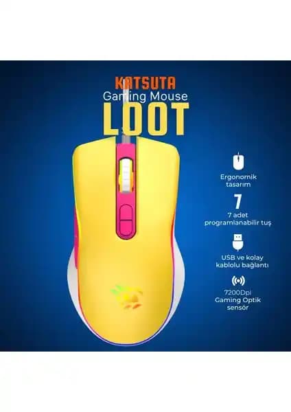 Katsuta Loot RGB Gaming Mouse 7200 DPI Ergonomik ve Özelleştirilebilir Tasarım ile Performansı Artırır