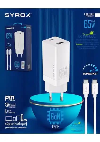 Syrox GAN65 Type-C ve USB Şarj Seti: Hızlı ve Güçlü Şarj Çözümü