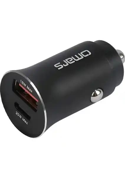 Omars USB Type-C PD 20W Çift Portlu Araç İçi Hızlı Şarj Cihazı ile Mobil Cihazlarınızı Güvenle Hızla Şarj Edin