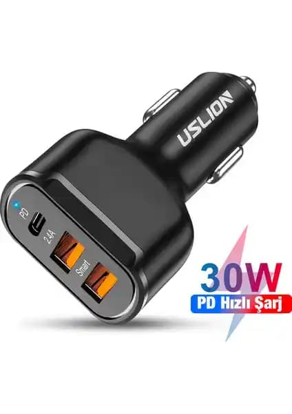 Uslion 30W 2 USB ve Type-C Girişli Hızlı Araç Şarj Cihazı Güç ve Verimlilik Sağlar