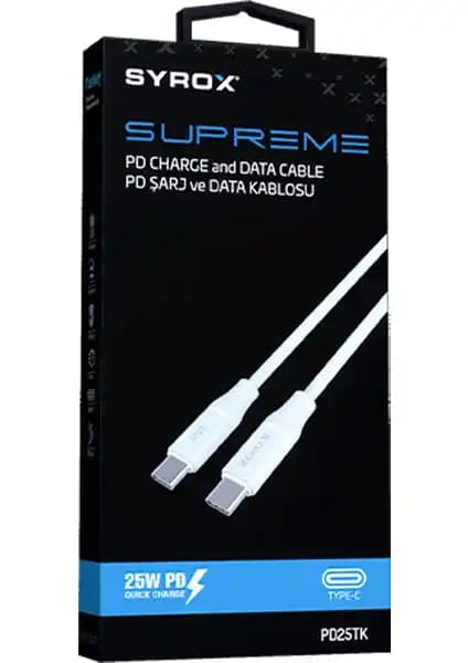 Syrox PD25TK Type-C to Type-C 25W Hızlı Şarj ve Veri Kablosu Güçlü ve Dayanıklı Tasarım