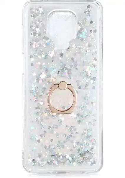 Xiaomi Redmi Note 9 Pro için Şık ve Dayanıklı Simli Sıvılı Kalplı Yüzüklü Kılıf