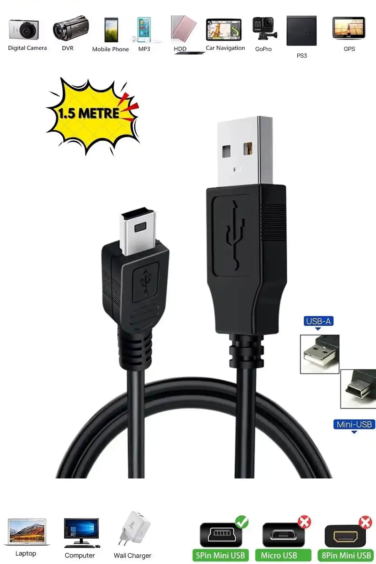 Derwell Mini Piramit Uç 5pin USB Veri ve Şarj Kablosu Günlük Kullanım İçin Uygun