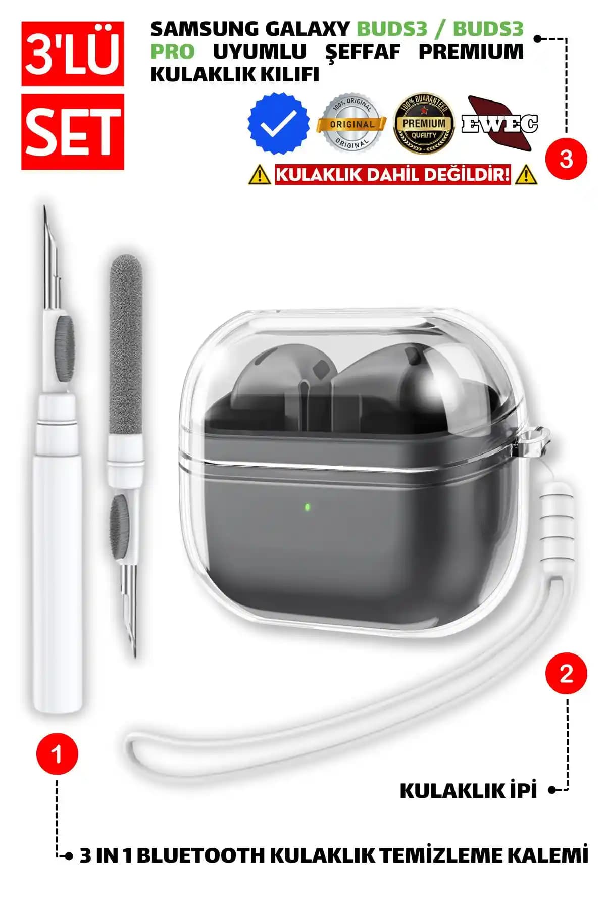 EWEC Samsung Galaxy Buds3 ve Buds3 Pro Uyumlu Şeffaf Kılıf ve Aksesuar Seti