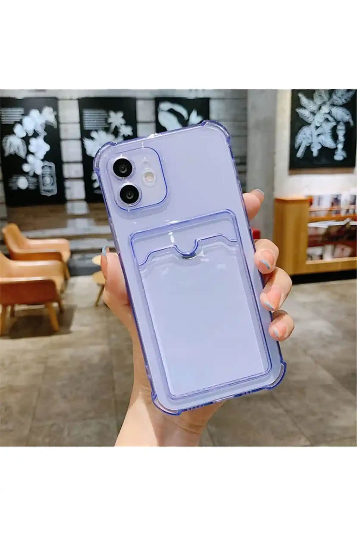 iPhone 11 için şeffaf ve mor renkli silikon kılıf, kartlı ve antishock özellikli ürün