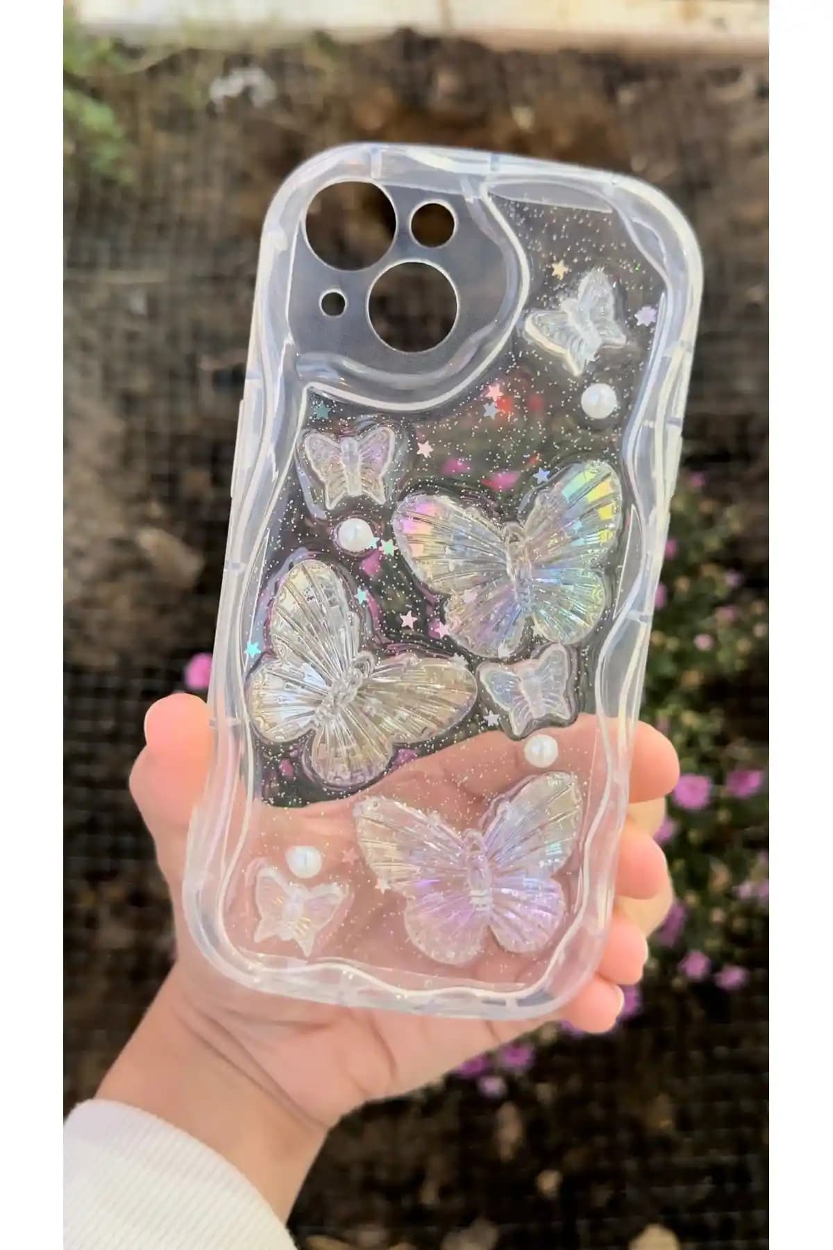 İphone 13/14 Uyumlu Kamera Koruyucu 3D Kabartmalı Kelebek İnci ve Sim Detaylı Kılıf