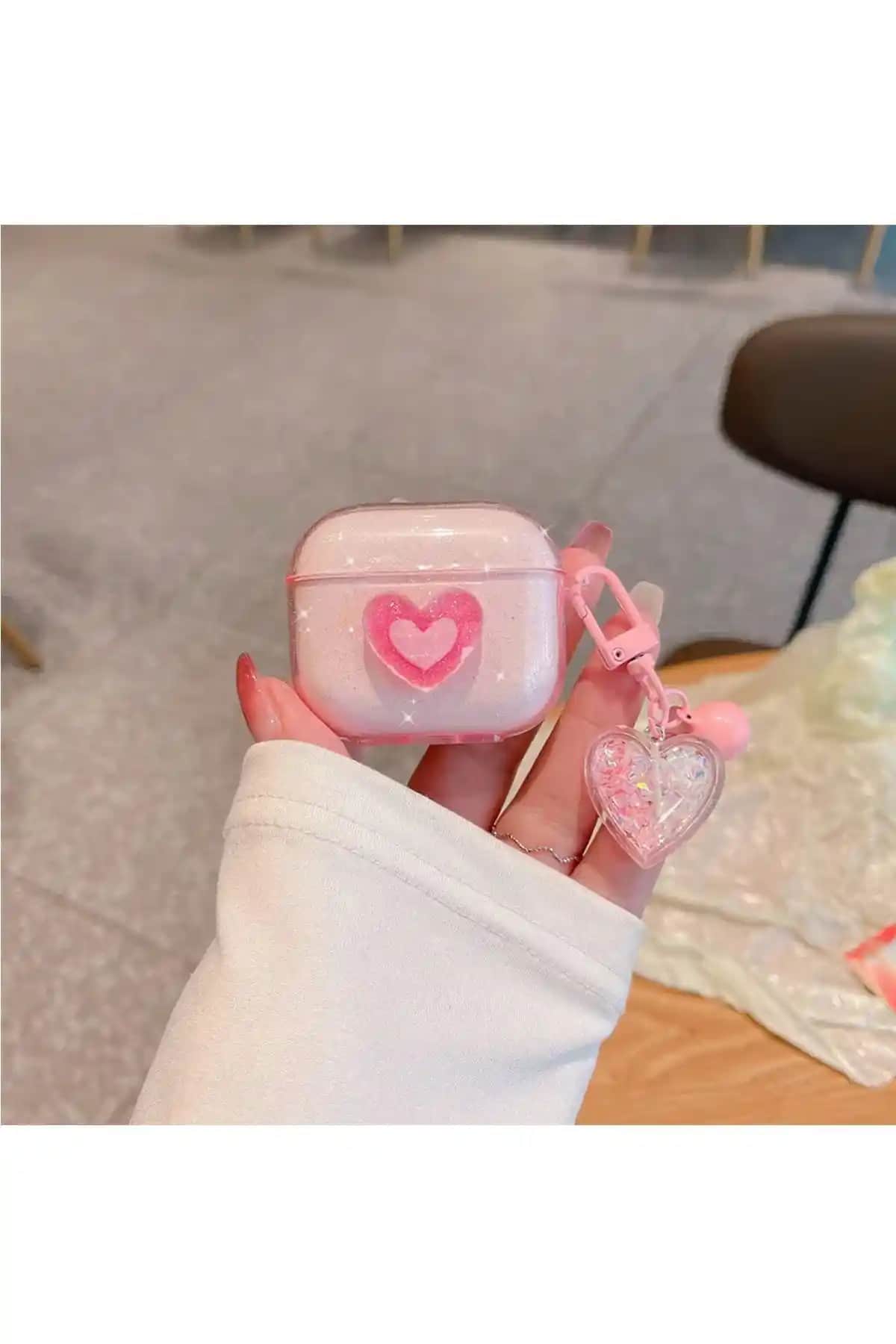 KVK PRİVACY Airpods 3. Nesil Uyumlu Pembe Kalp Simli Kulaklık Kılıfı