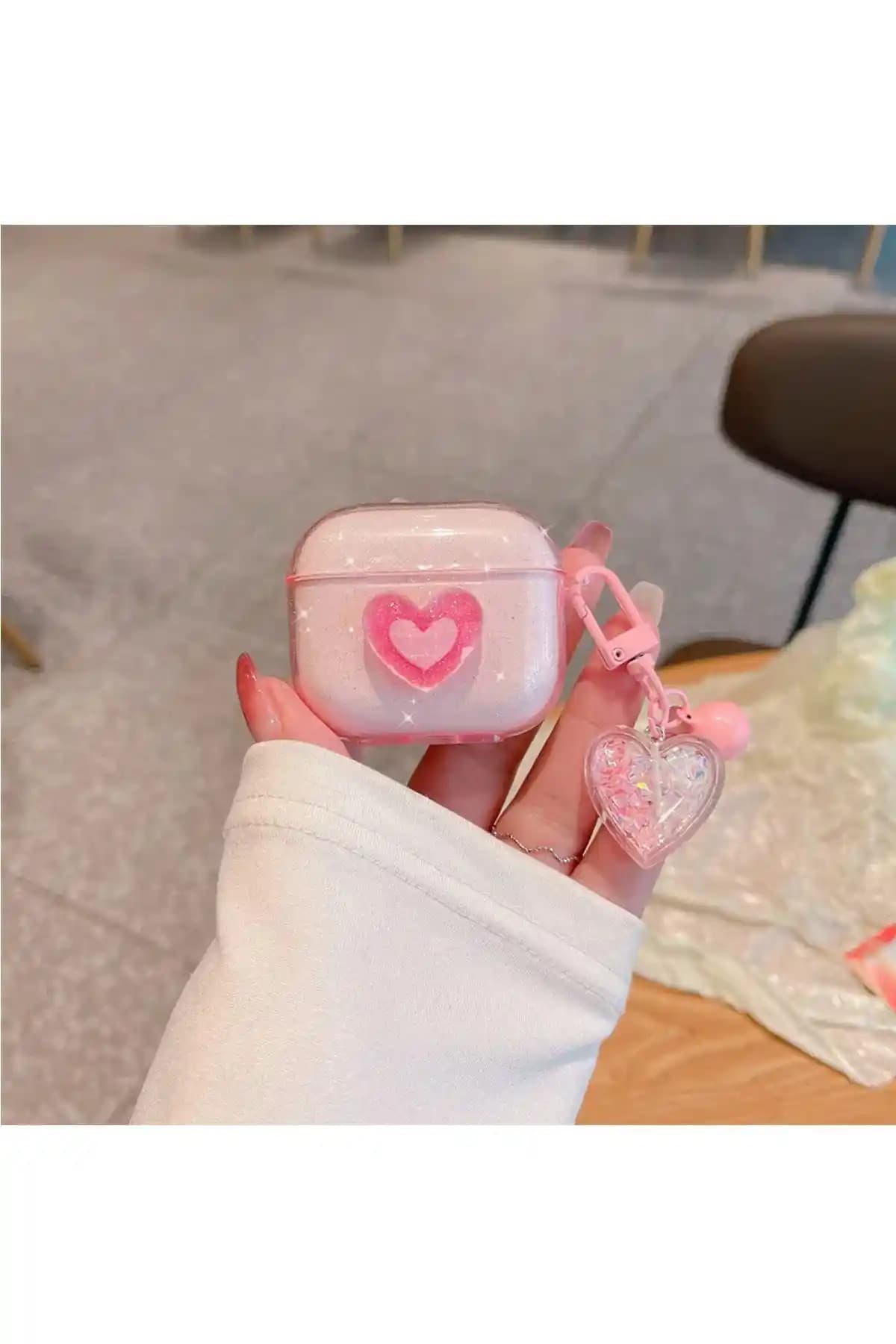 KVK PRİVACY Airpods 3. Nesil Uyumlu Pembe Kalp Simli Kulaklık Kılıfı