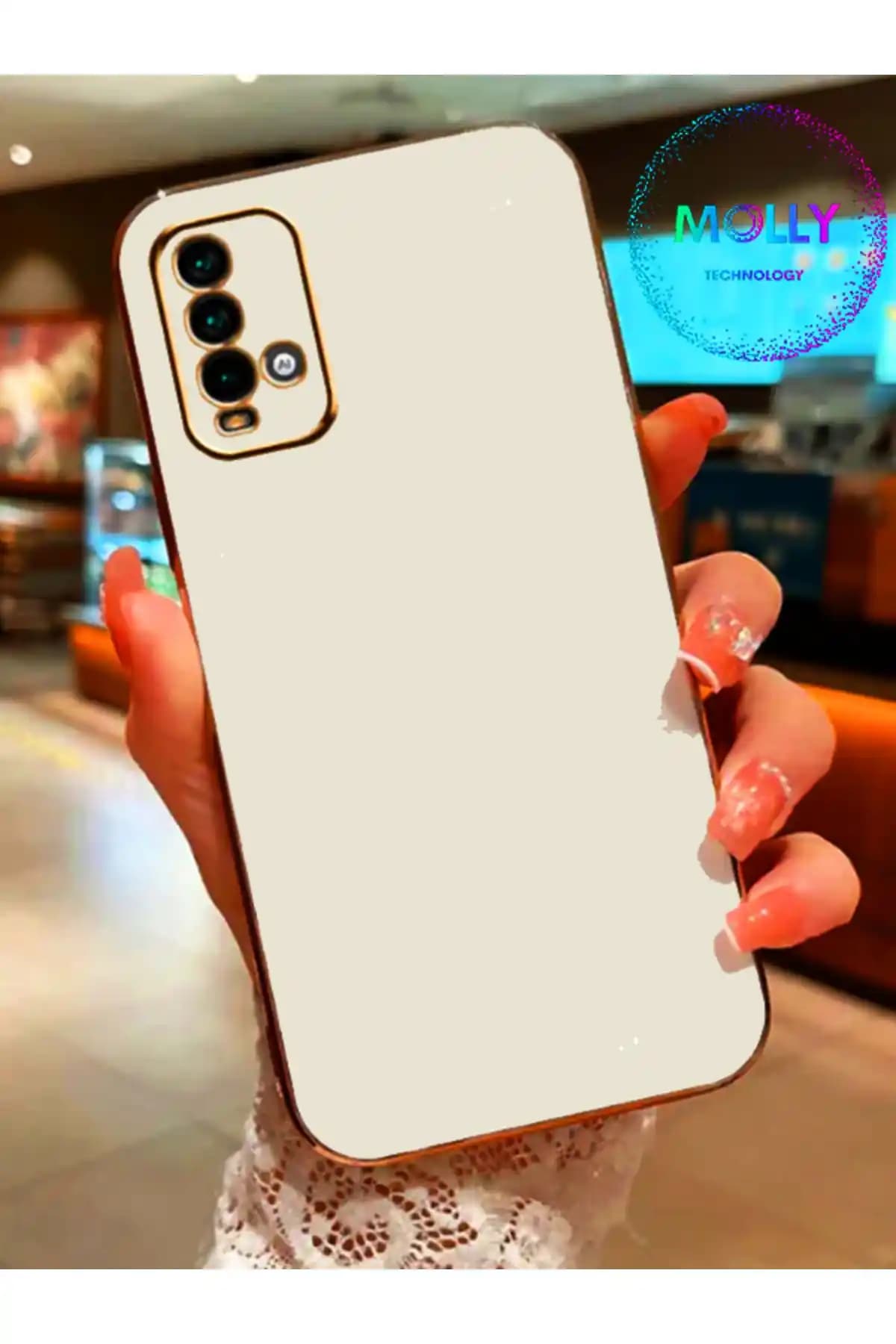 Molly Technology Xiaomi Redmi 9T İçin İnci Beyazı ve Altın Detaylı Silikon Kılıf