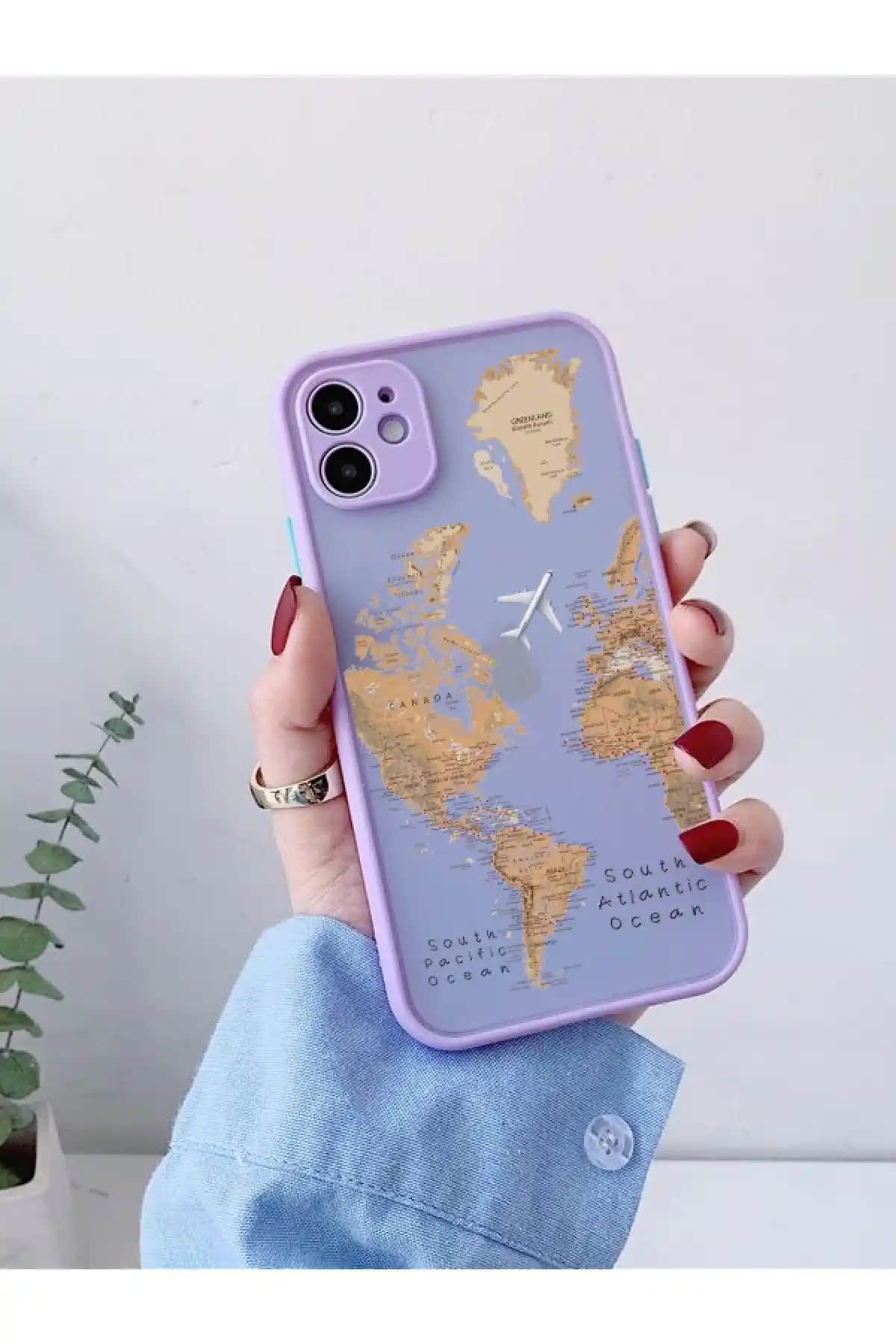 Mooodcase iPhone 11 için Lila Dünya Harita Desenli Kamera Lens Koruma Kılıfı