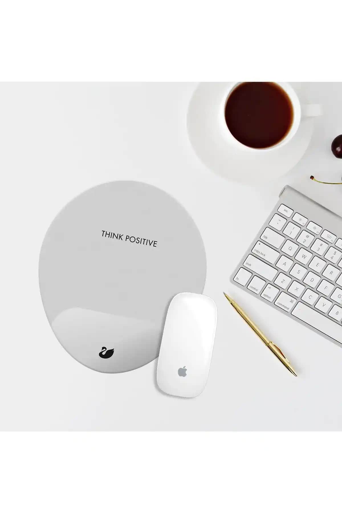 Özer Store Gri Think Positive Bilek Destekli Oval Mouse Pad İşlevsel ve Estetik Tasarım