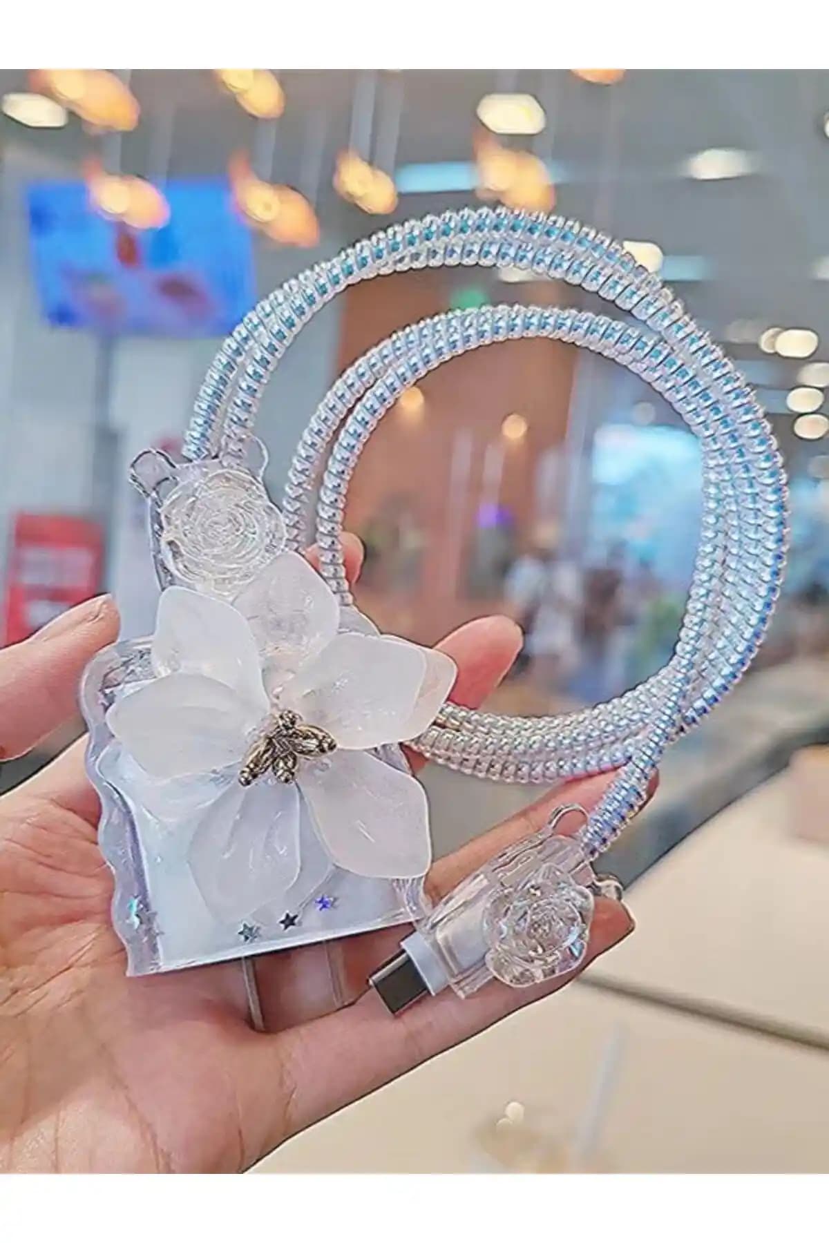 Paladyum Lotus Çiçekli 5 Parça iPhone 18/20 Uyumlu Şarj Koruma Seti