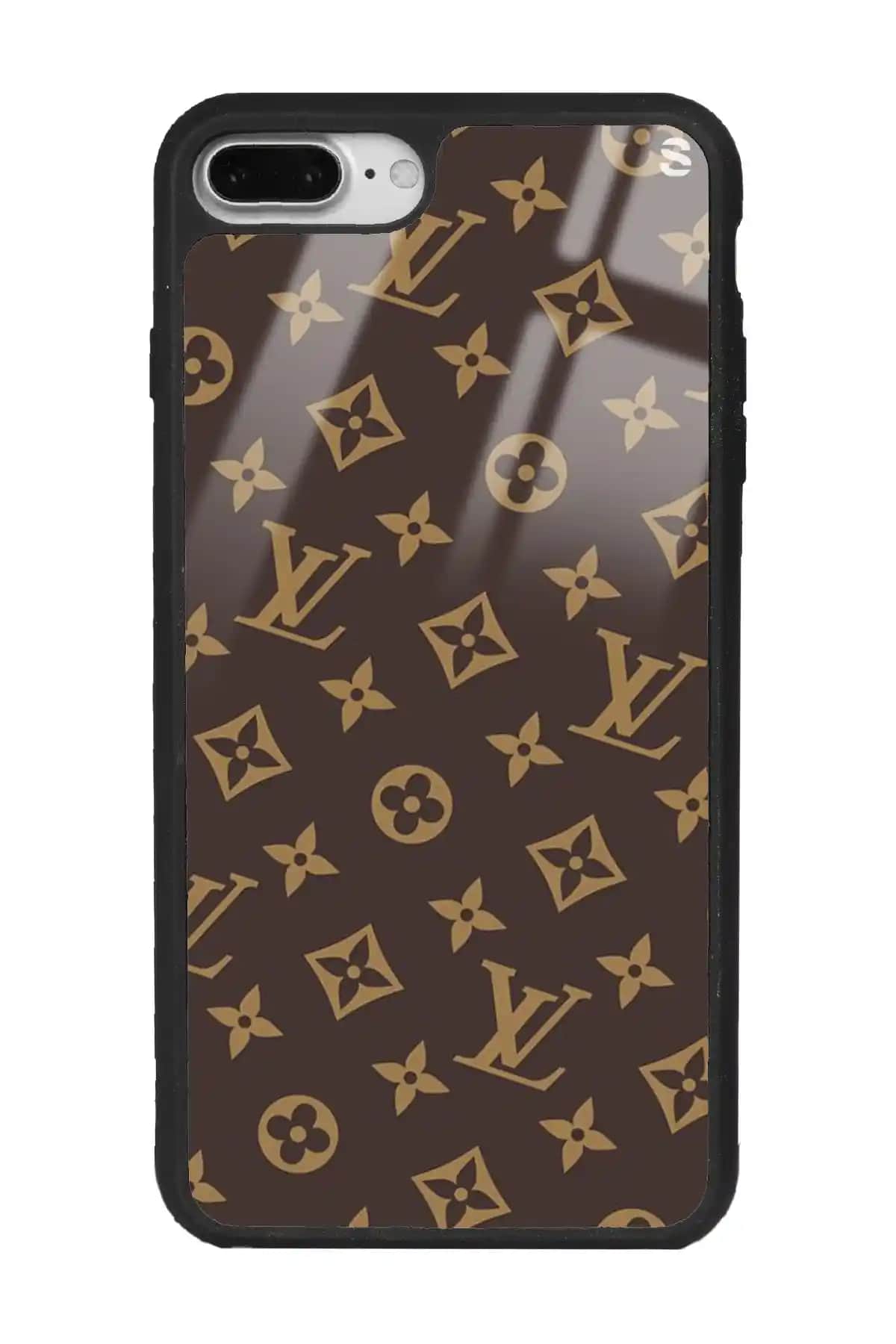 Spoyi Kahverengi LV Tasarımlı Glossy Silikon Telefon Kılıfı iPhone 7 Plus ve 8 Plus için