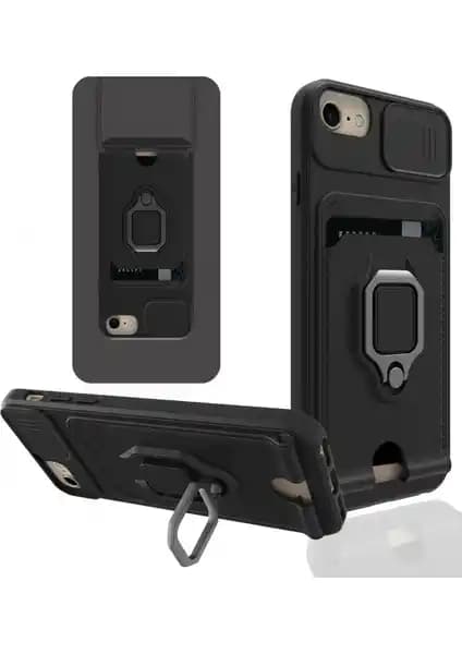 Aqua Aksesuar iPhone 6 Kılıf: Kamera Koruma, Kart Taşıma ve Metal Yüzük Özellikli Siyah Silikon