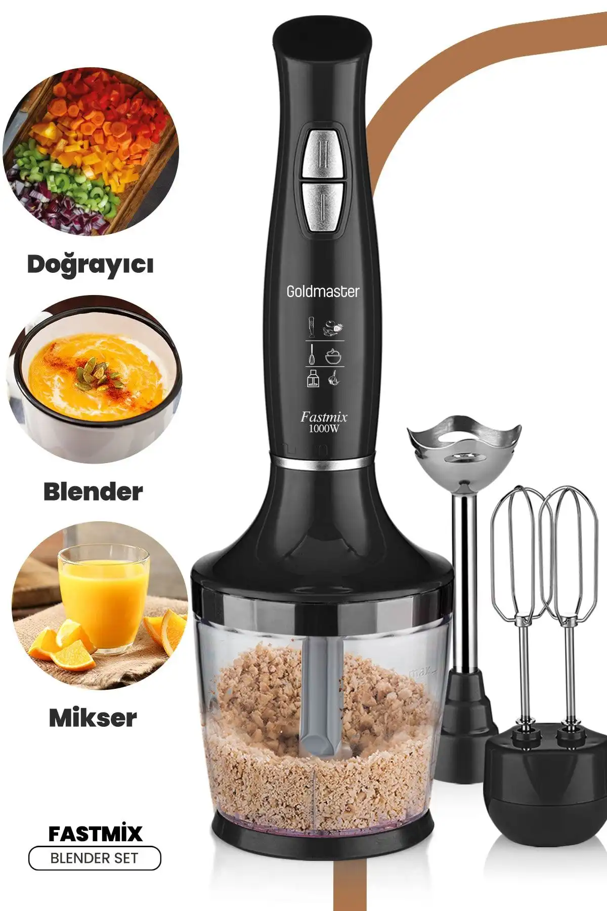 GoldMaster Fastmix 1000 Watt Siyah Hız Ayarlı 3 In 1 Blender Seti