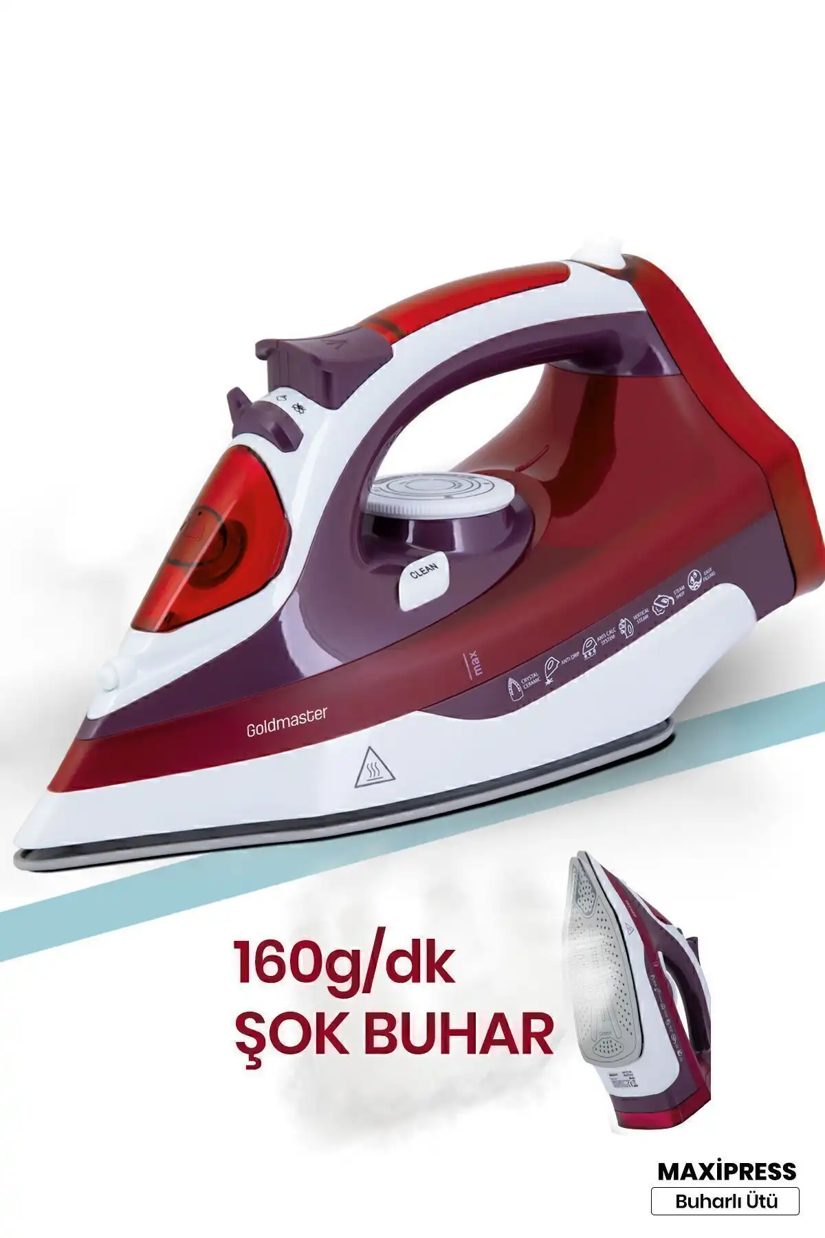 GoldMaster Maxipress Kırmızı 2200 Watt Şok Buharlı Ütü ile Hızlı Ütüleme